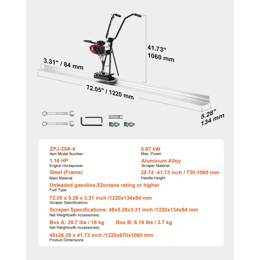 Concrete power screed dimensions diagram with 4 ft white blade and black handle frame