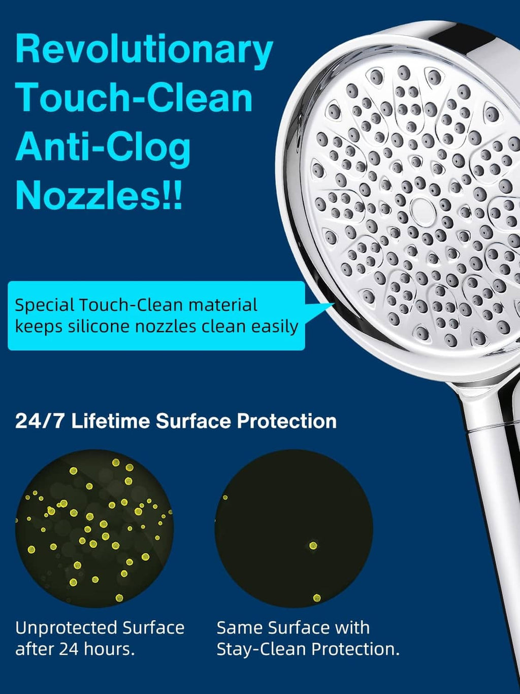 Chrome filtered showerhead with anti-clog touch-clean nozzle face