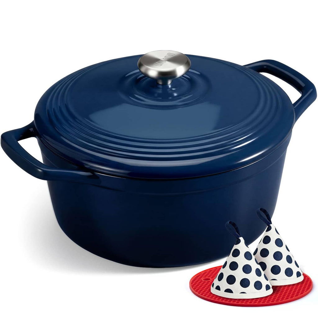 Blue enameled cast iron Dutch oven with lid and side handles