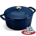 Blue enameled cast iron Dutch oven with lid and side handles