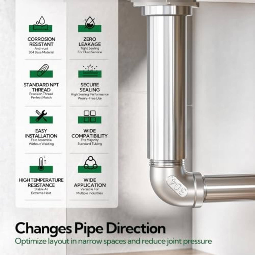 304 stainless steel 90-degree elbow pipe fitting changing pipe direction with infographic