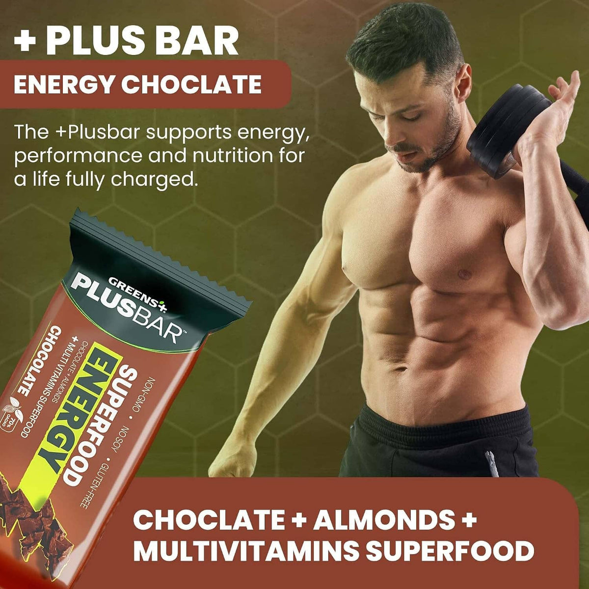 Plusbar energy chocolate bar wrapper with green plus logo, in angled front view.