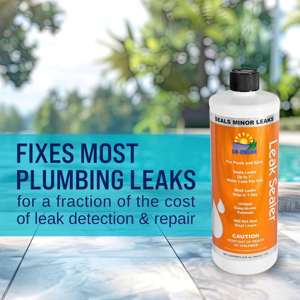 Lo-Chlor pool leak sealer bottle with black cap, seals minor leaks