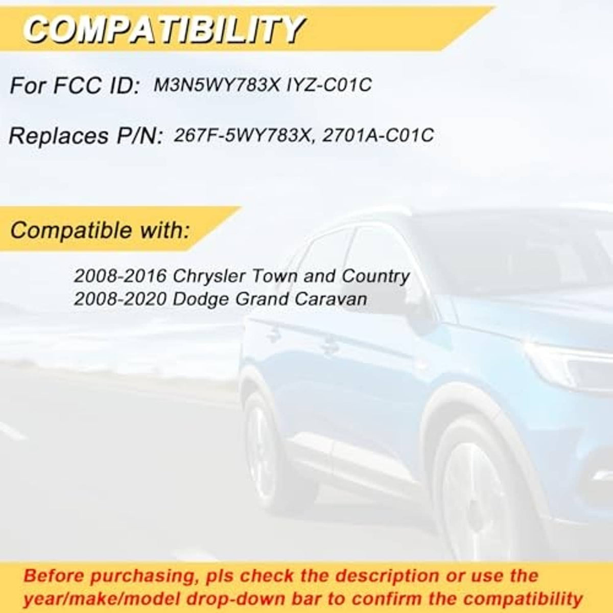 Key fob compatibility label card with FCC ID and replacement part numbers