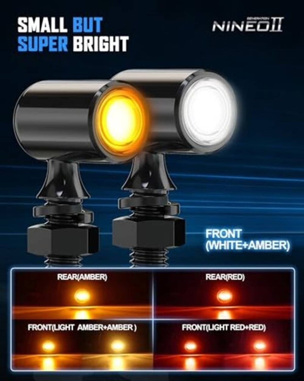 Mini bullet LED turn signals showing front white+amber and rear amber+red light modes