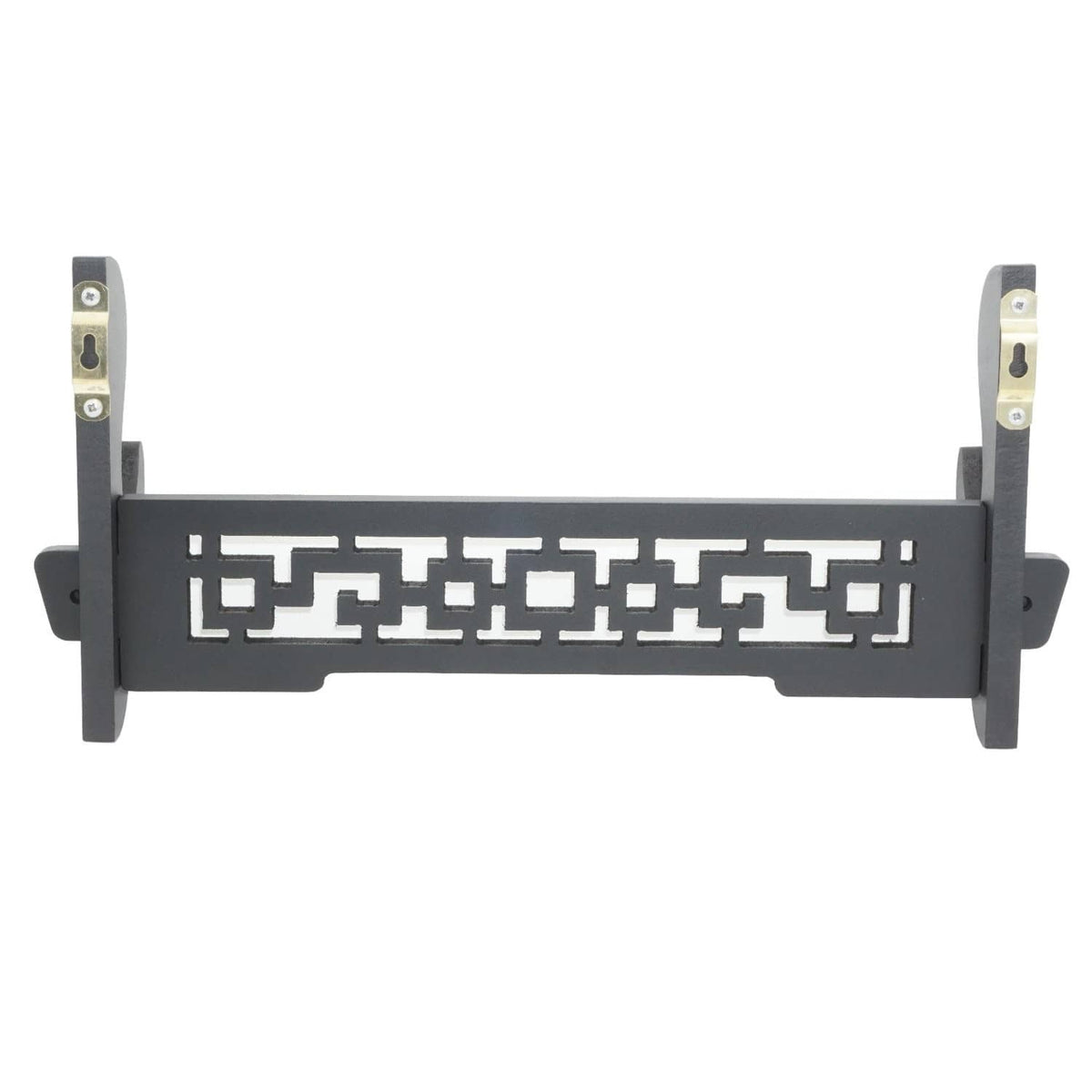 Black wall-mount sword holder with geometric panel and visible mounting brackets.