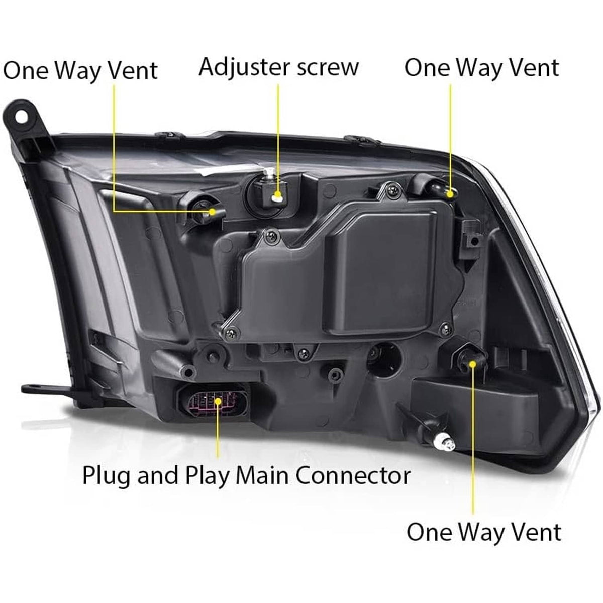 Chrome projector headlight housing with LED DRL, side internal components and vents