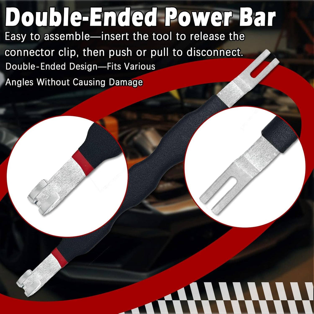 Double-ended power bar tool with two metal prongs and a black-and-red handle