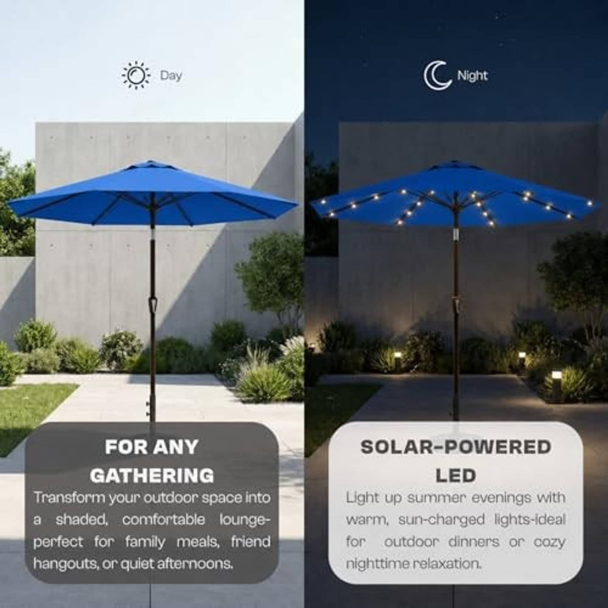 Blue outdoor patio umbrella with LED string lights, day and night appearance