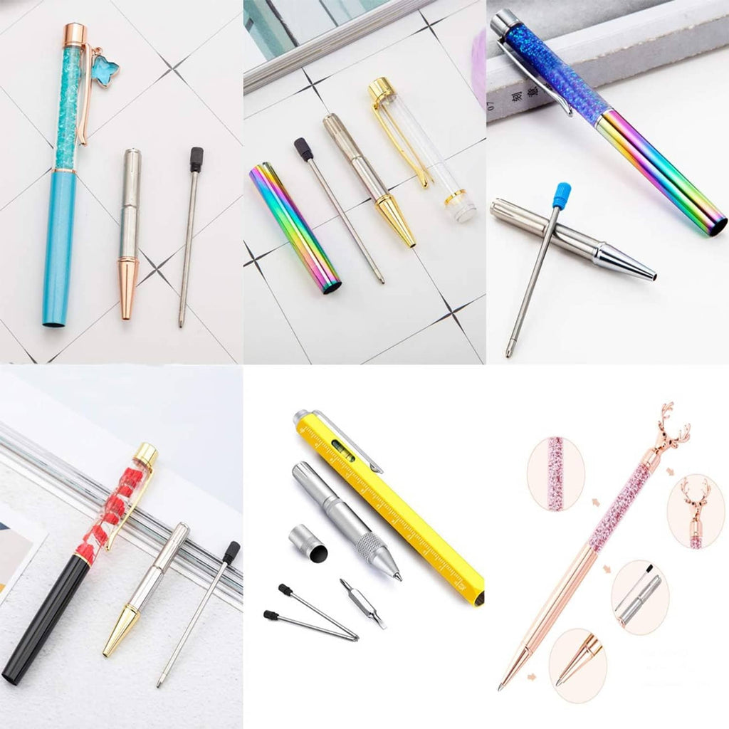 Assorted pen refills with metal shafts and black tips, shown in a multi-item layout