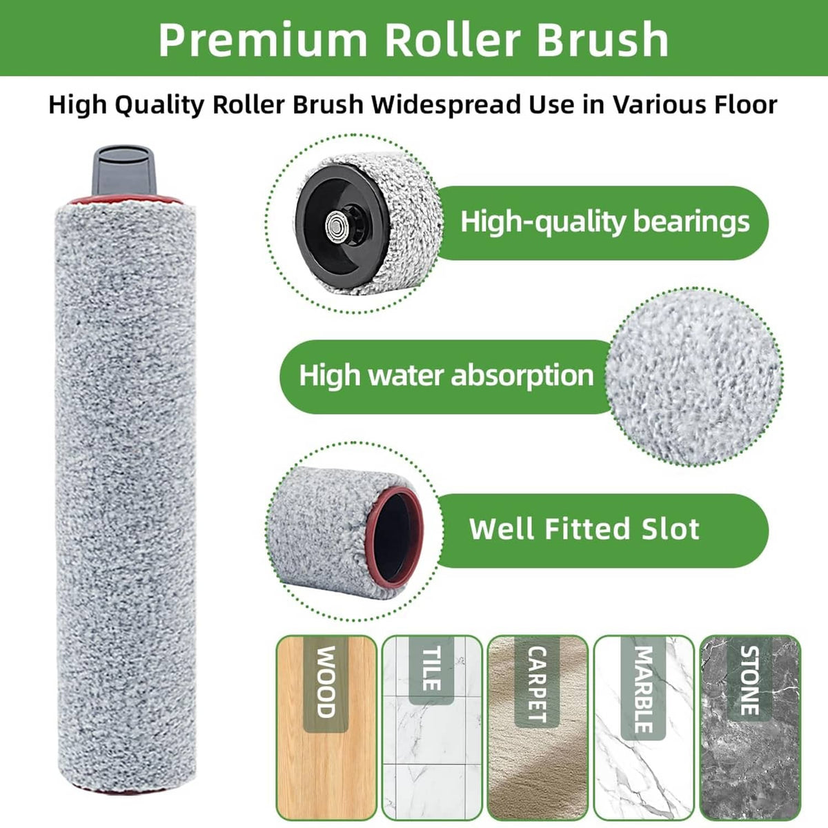 Premium roller brush replacement showing gray sleeve, black hub, and red-edged roller end