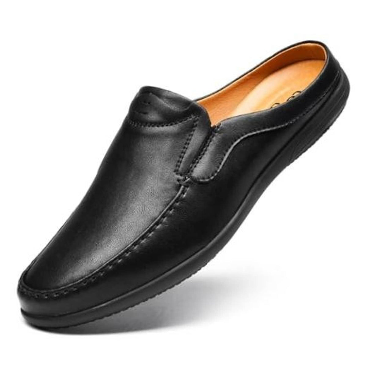 Black men's slip-on loafers with moc toe stitching and smooth leather upper