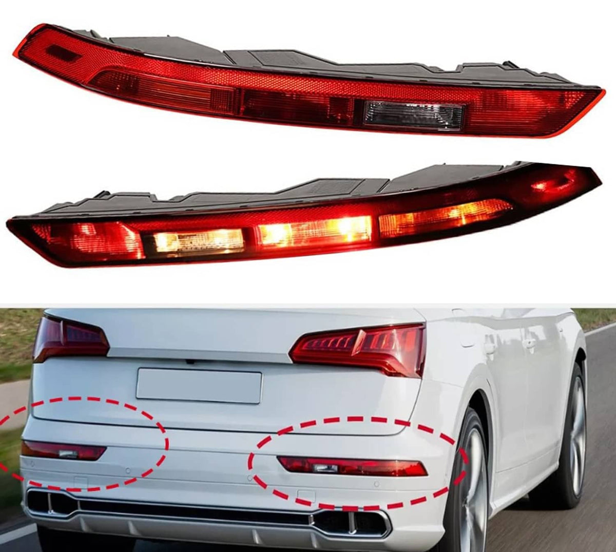 Rear bumper tail light assembly, red lens with clear segments and black housing