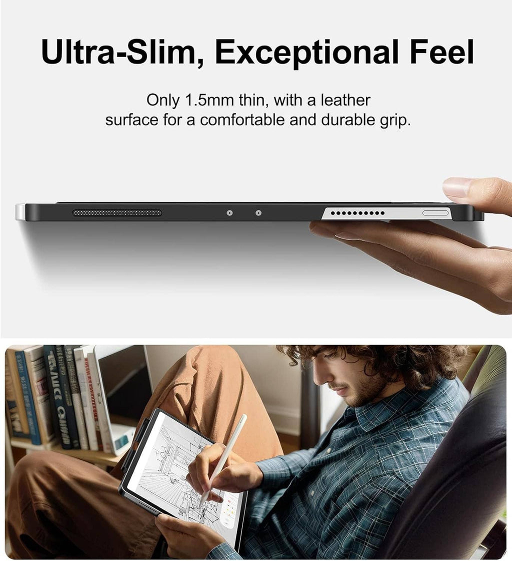 Ultra-slim black tablet case with textured back, held showing slim edge profile