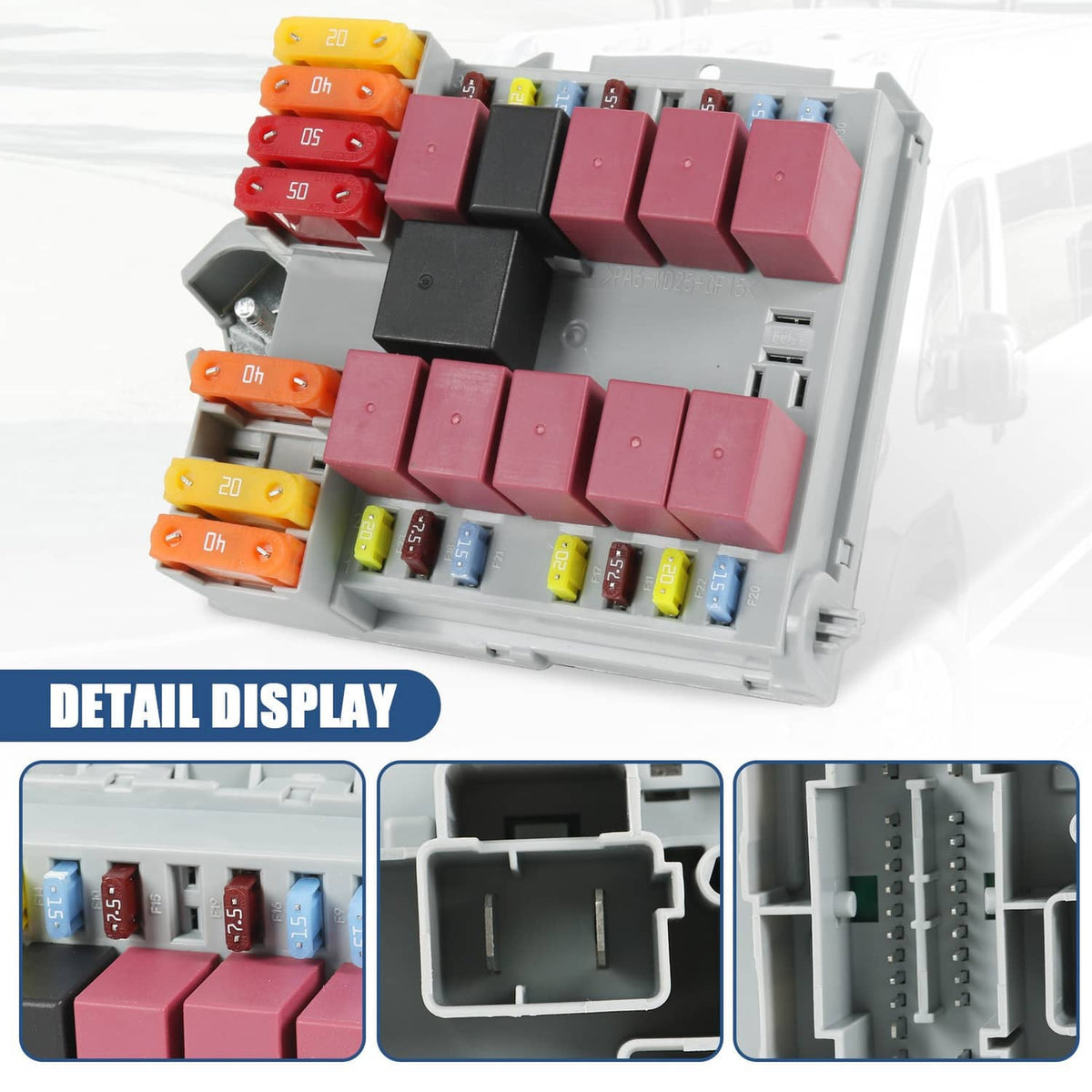 Automotive distribution fuse box with multi-color fuses, detail view from the side.