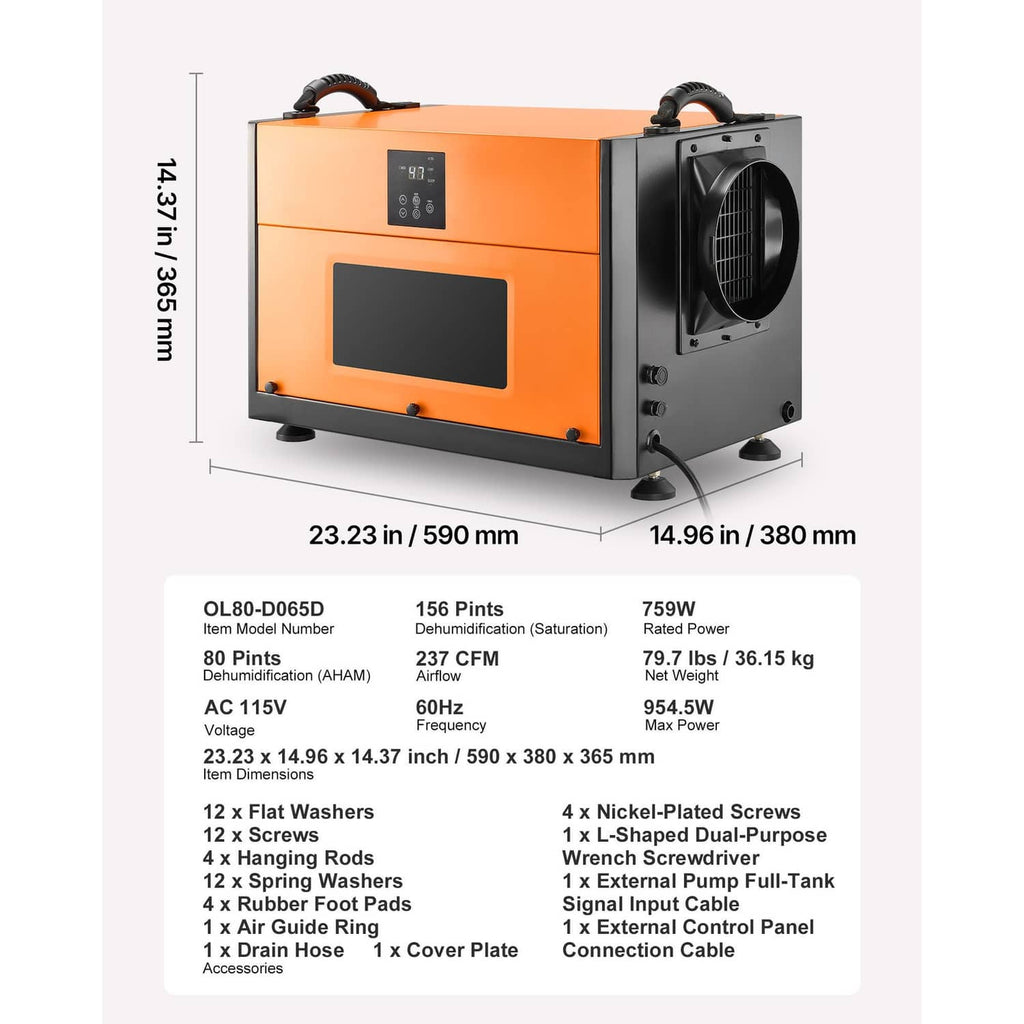 Commercial dehumidifier dimensions diagram with control panel and side fan housing