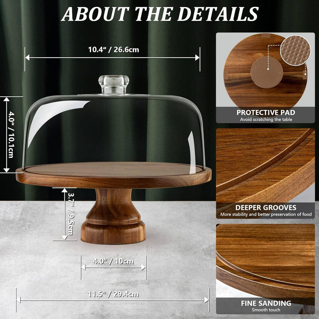 Acacia dome cake stand with protective pad and fluted wooden base detail