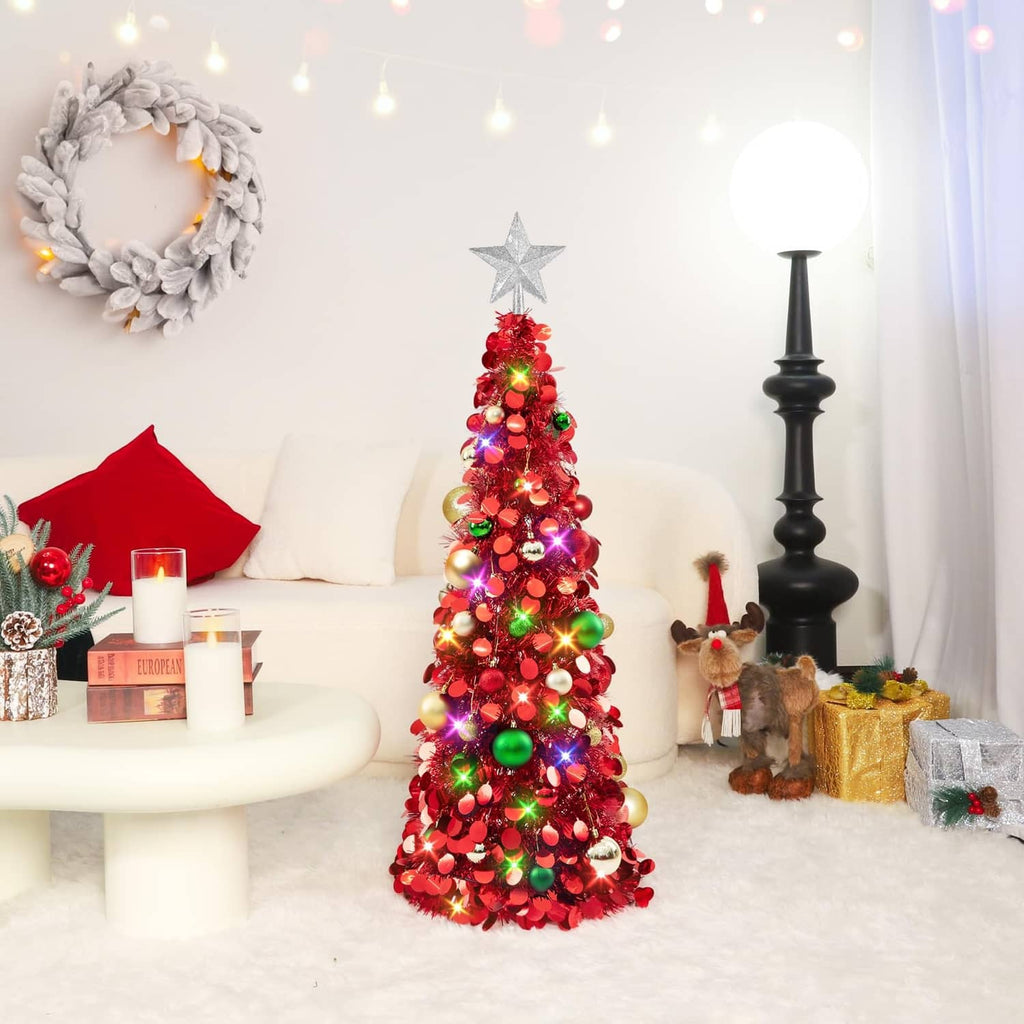 Red pop-up Christmas tree with colorful LED lights, round ornaments, and star topper