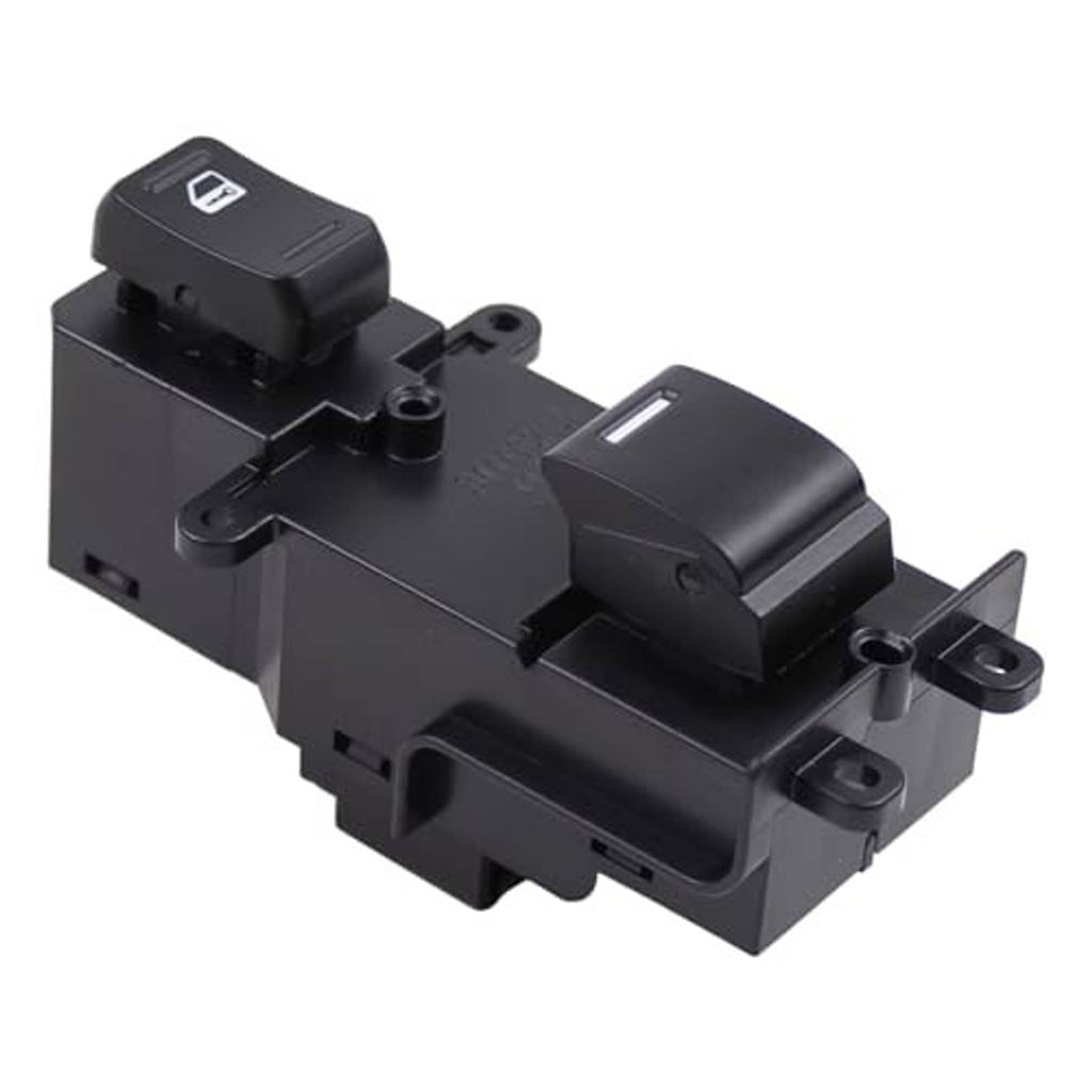 Power window switch front view with rocker button and mounting tabs, black plastic