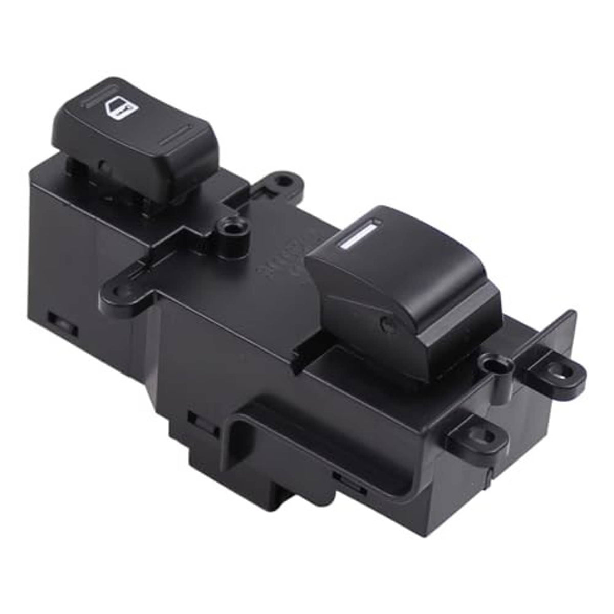 Power window switch front view with rocker button and mounting tabs, black plastic