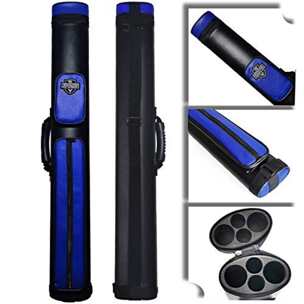 Blue-and-black hard pool cue case with shoulder strap and padded body.