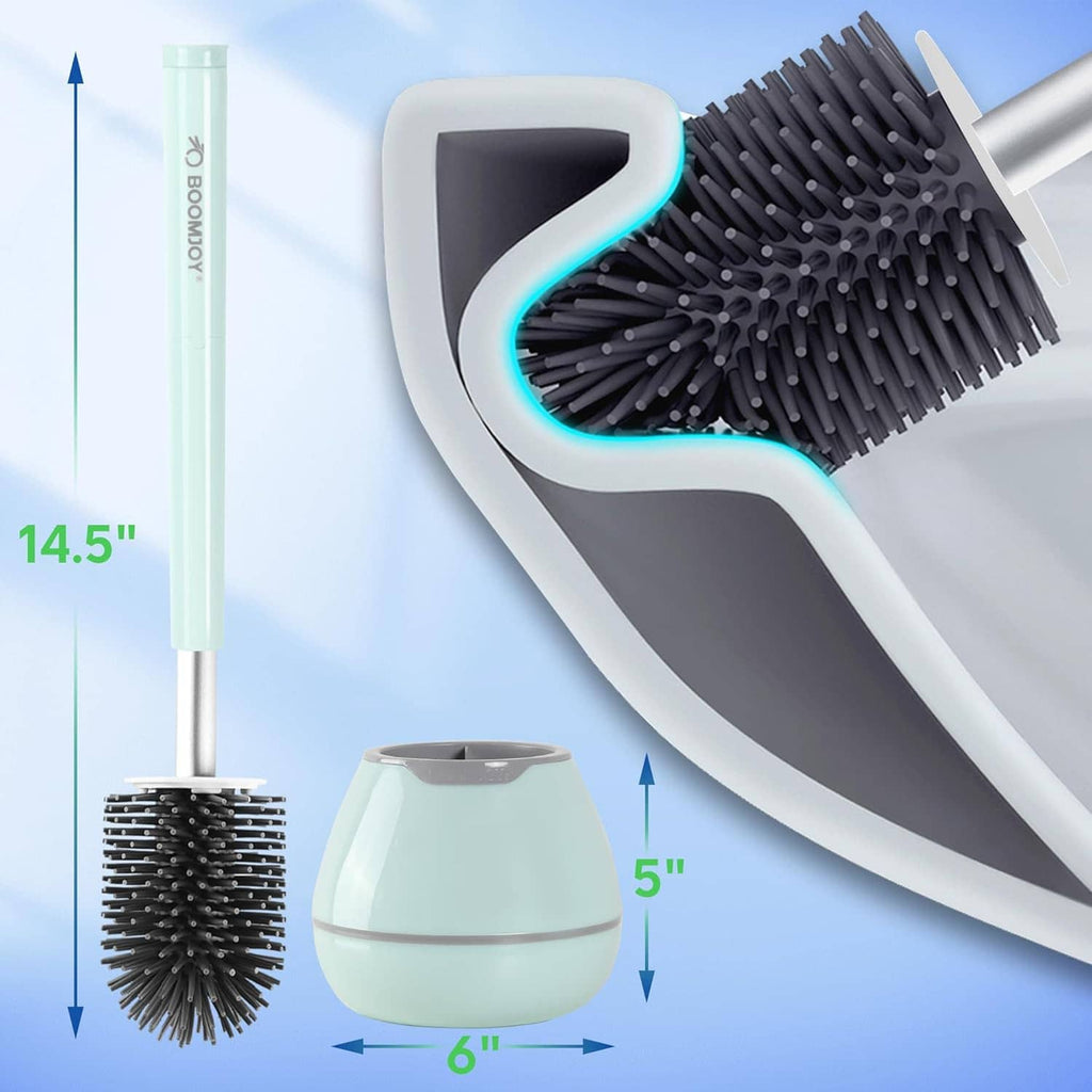 Mint toilet brush set with black bristle head and round holder, angled view