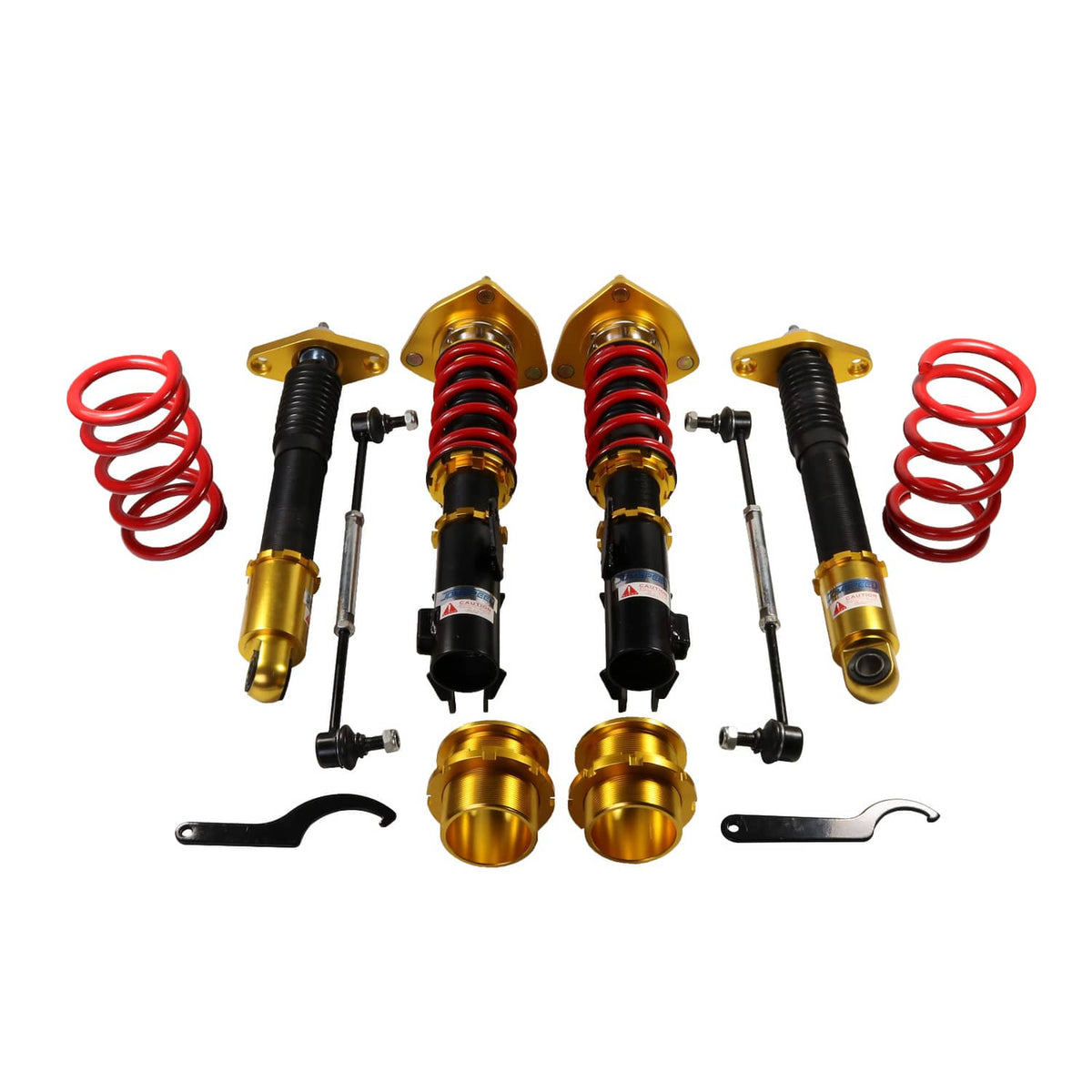 Four-piece coilover shock set with red springs, gold mounts, and black dampers