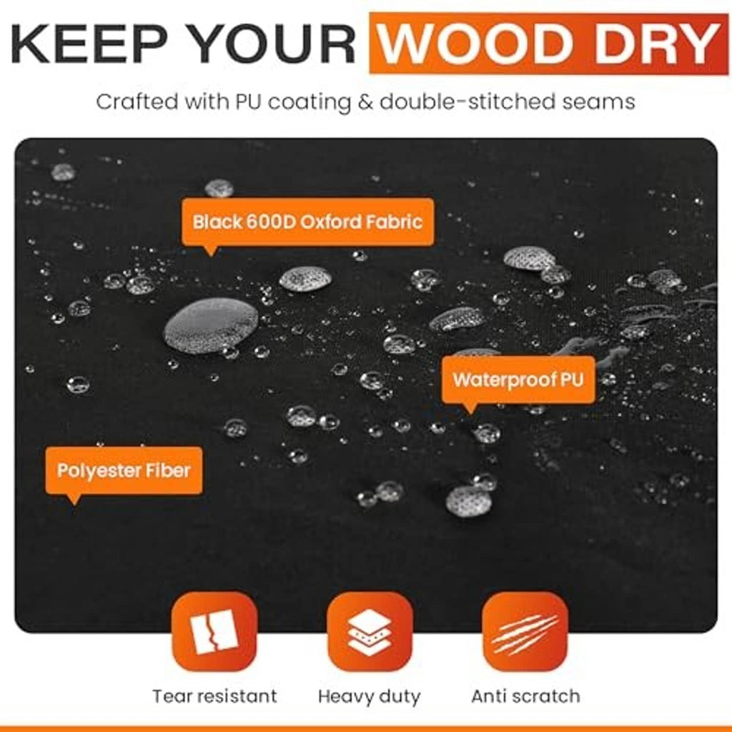 Black heavy-duty firewood rack cover with water-repellent coated fabric appearance.