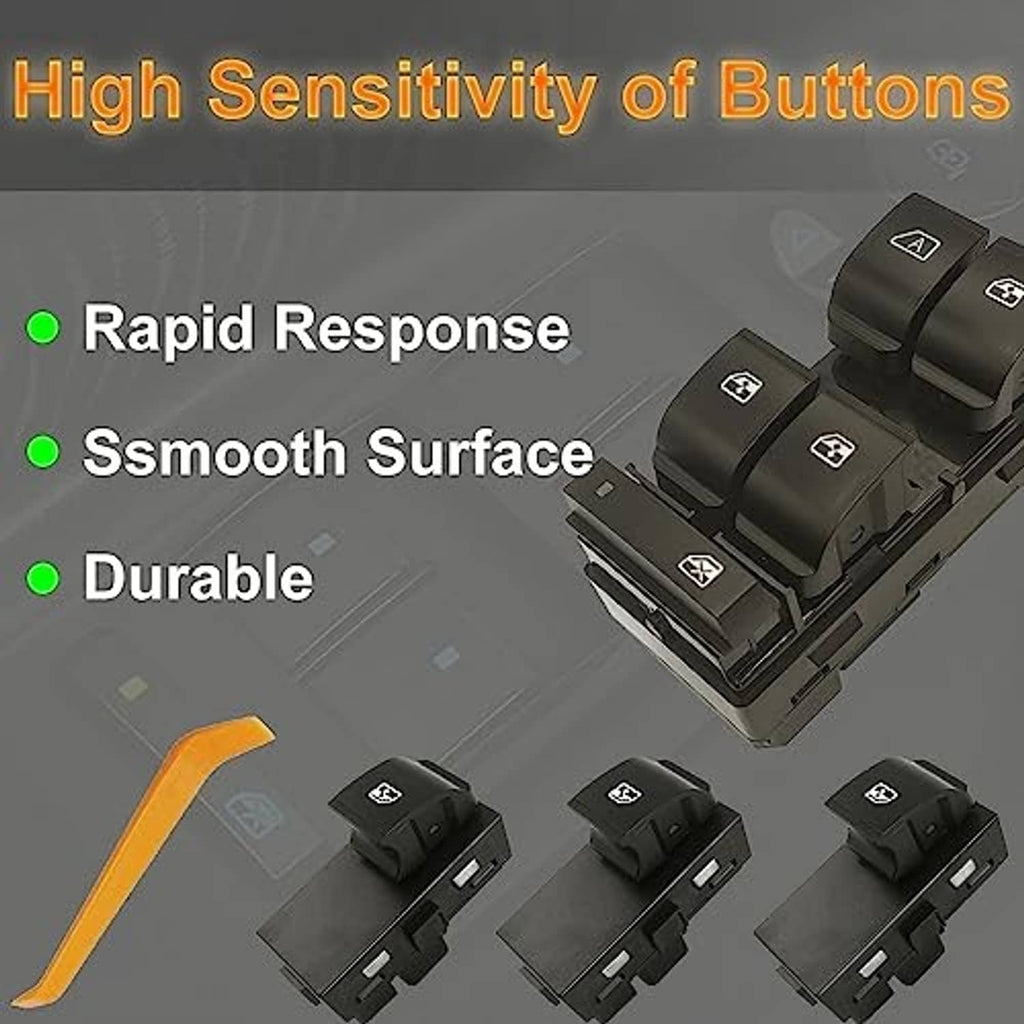 Black window switch assembly with multiple rocker buttons and blue icon markings