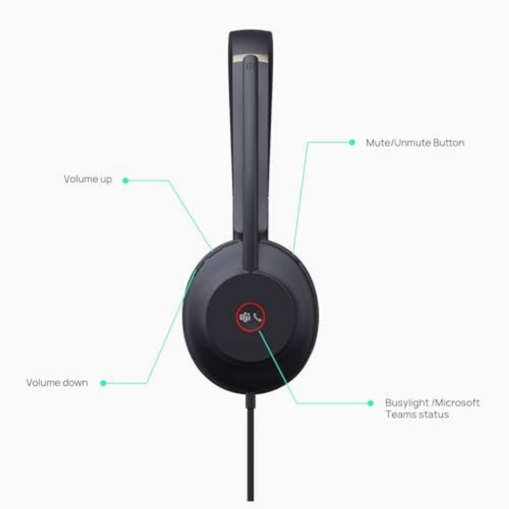 Black over-ear headset with boom microphone and volume/mute buttons on earcup