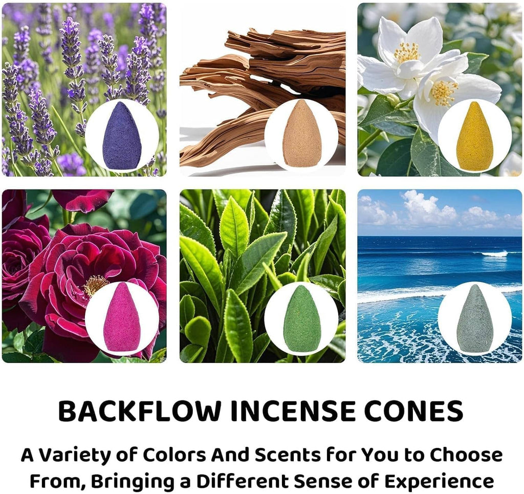 Backflow incense cones assortment with purple, tan, yellow, and green cones shown together