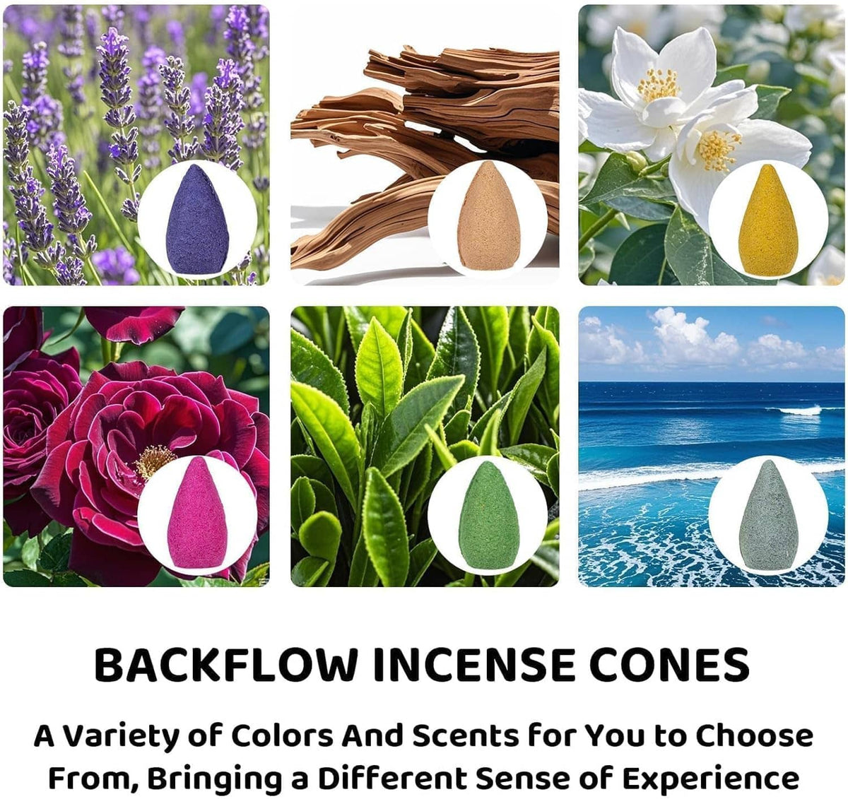 Backflow incense cones assortment with purple, tan, yellow, and green cones shown together