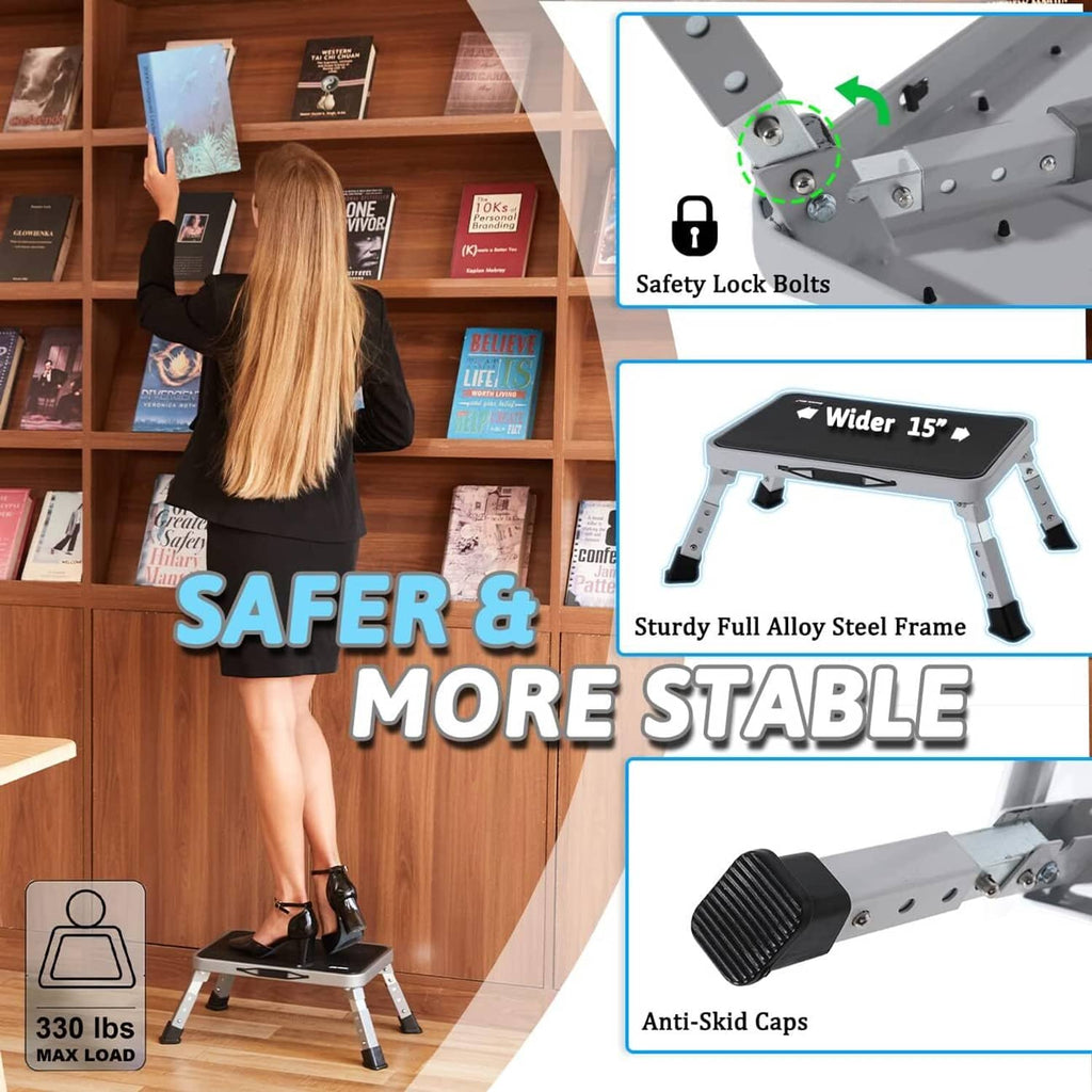 Gray steel step stool with anti-skid caps and safety lock bolts detail