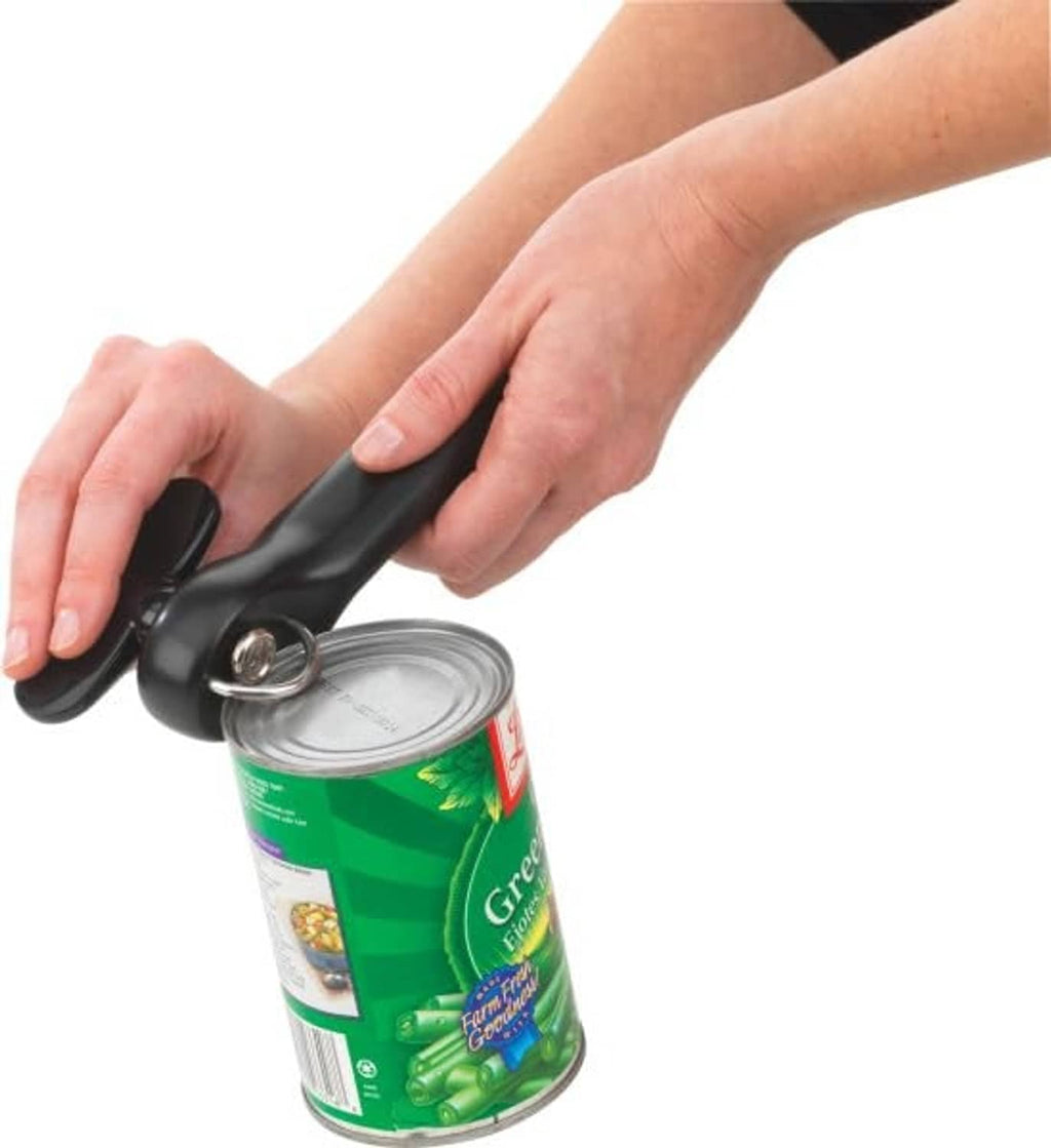 Black can opener held by hands over a can lid
