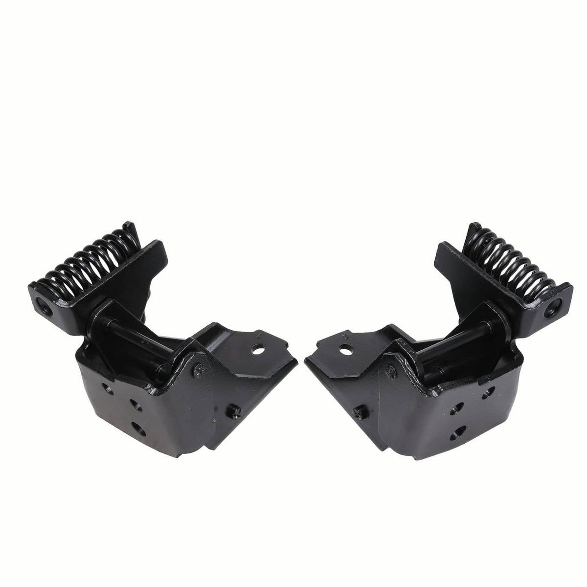 Pair-style view of black door hinges with coil springs and mounting plate holes
