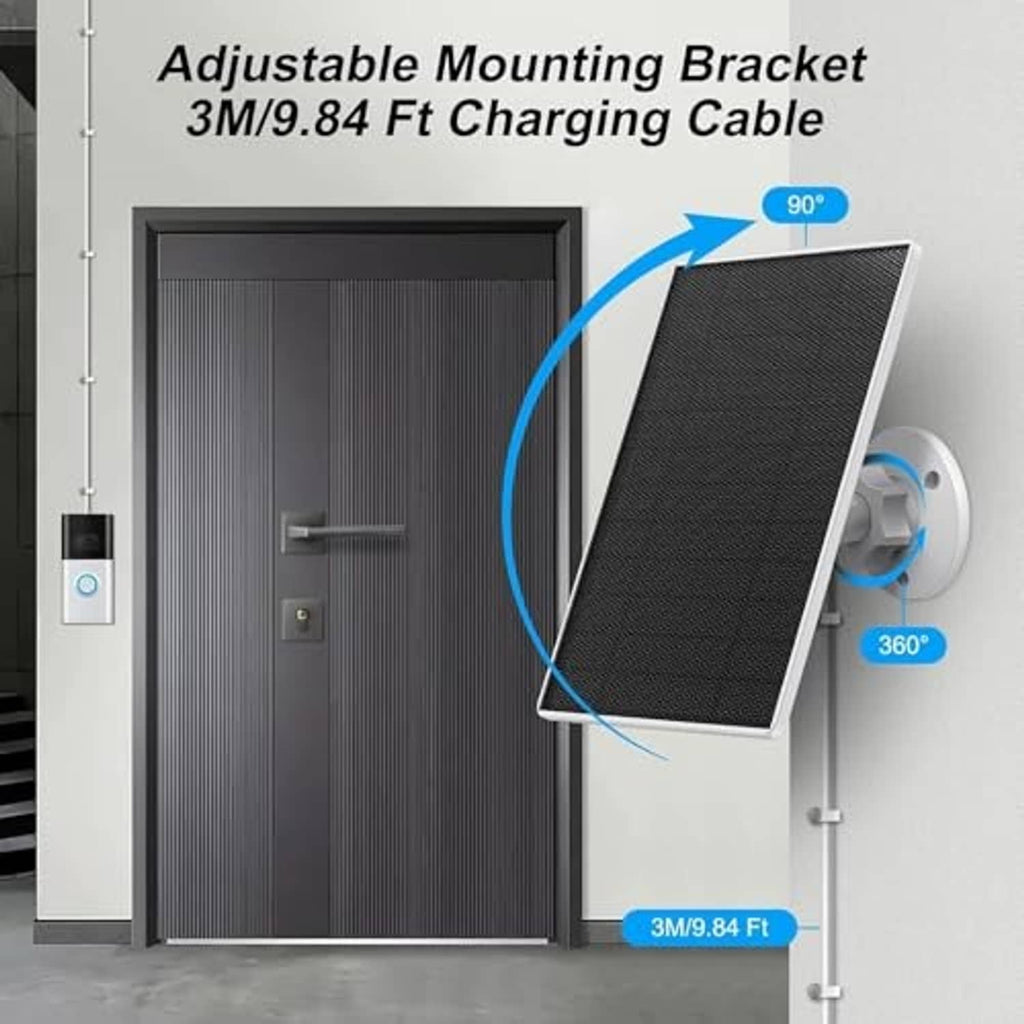 Solar panel charger with adjustable mounting bracket and long charging cable length marked