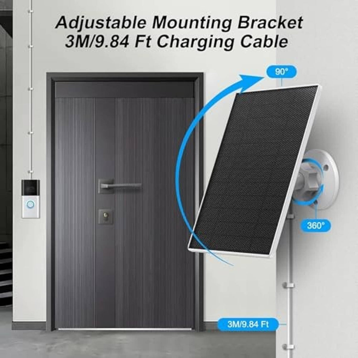 Solar panel charger with adjustable mounting bracket and long charging cable length marked