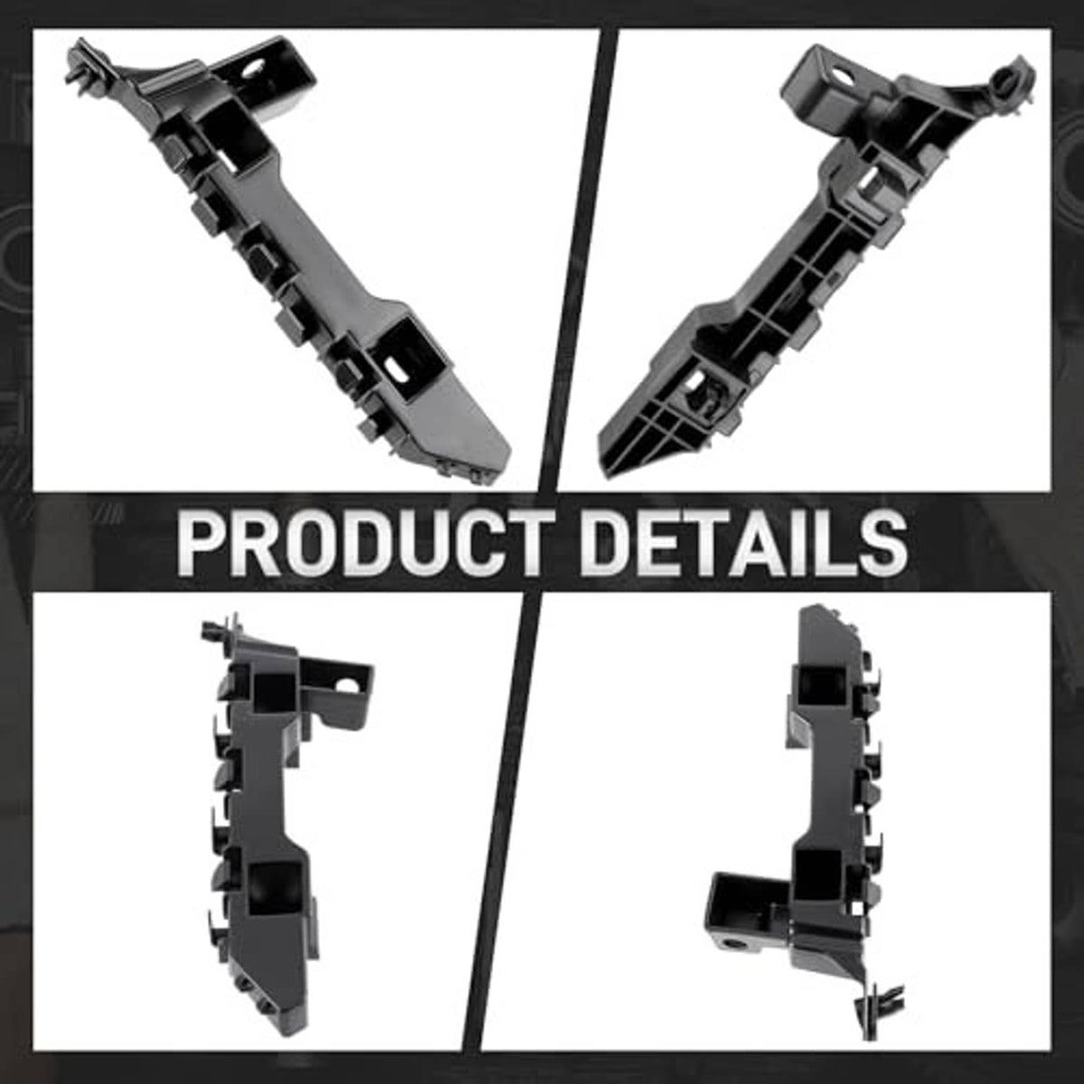 Black bumper bracket with latch-style tabs and mounting holes, close-up view