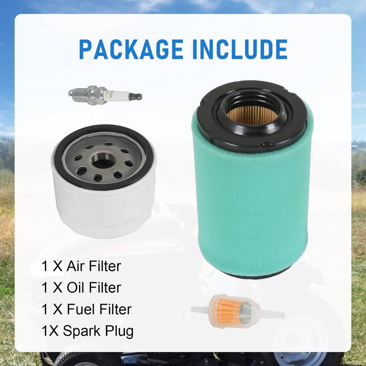 Package set showing air filter, oil filter, fuel filter, and spark plug