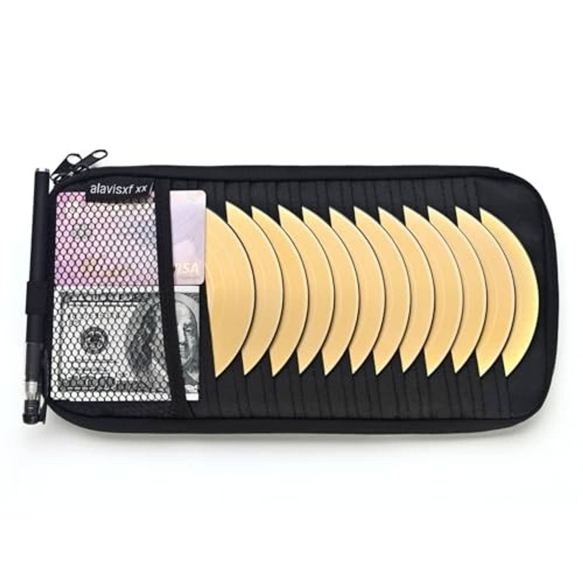 Black visor CD organizer pouch with mesh pocket and 12 disc sleeves, front zip closure