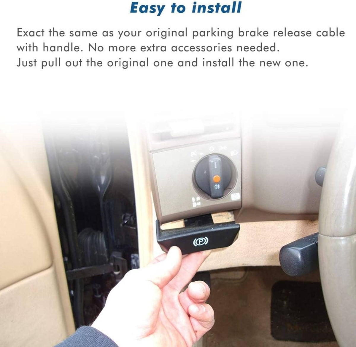Parking brake release cable handle being installed by hand near dashboard panel