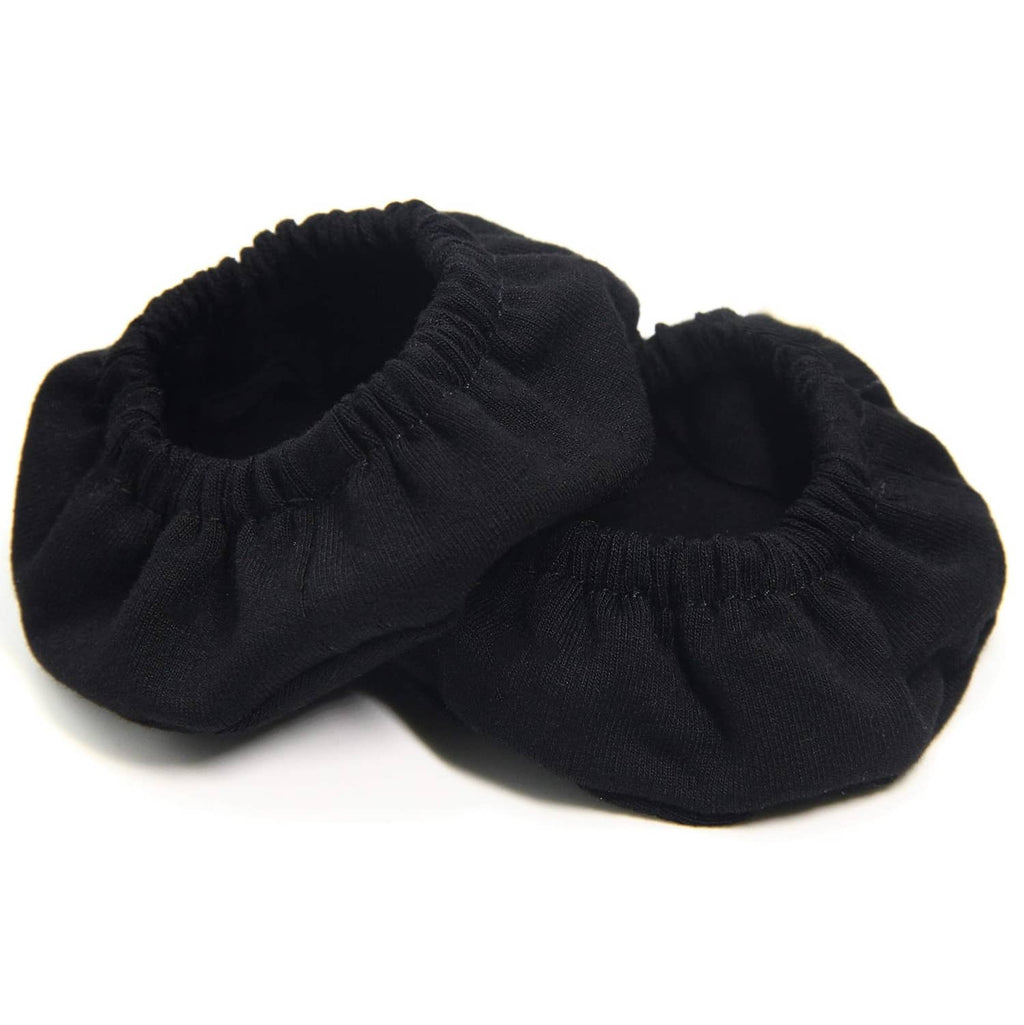 Two black fabric headphone earpad covers with gathered elastic rim