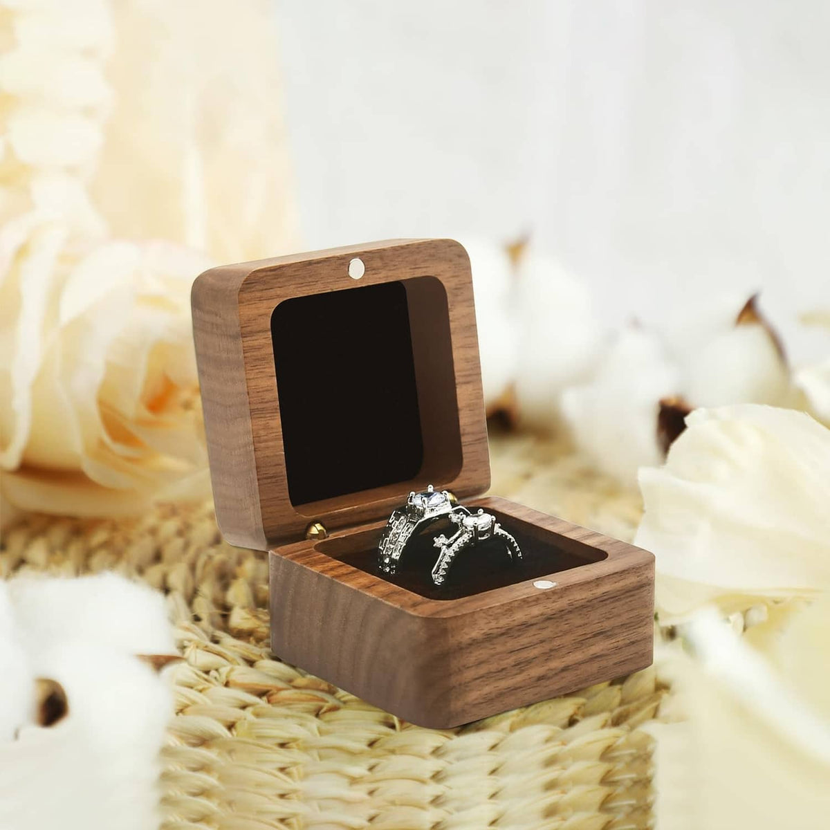 RivetOak Wooden Ring Box for Wedding Ceremony 2 Slots,Small Square Solid Wood Black