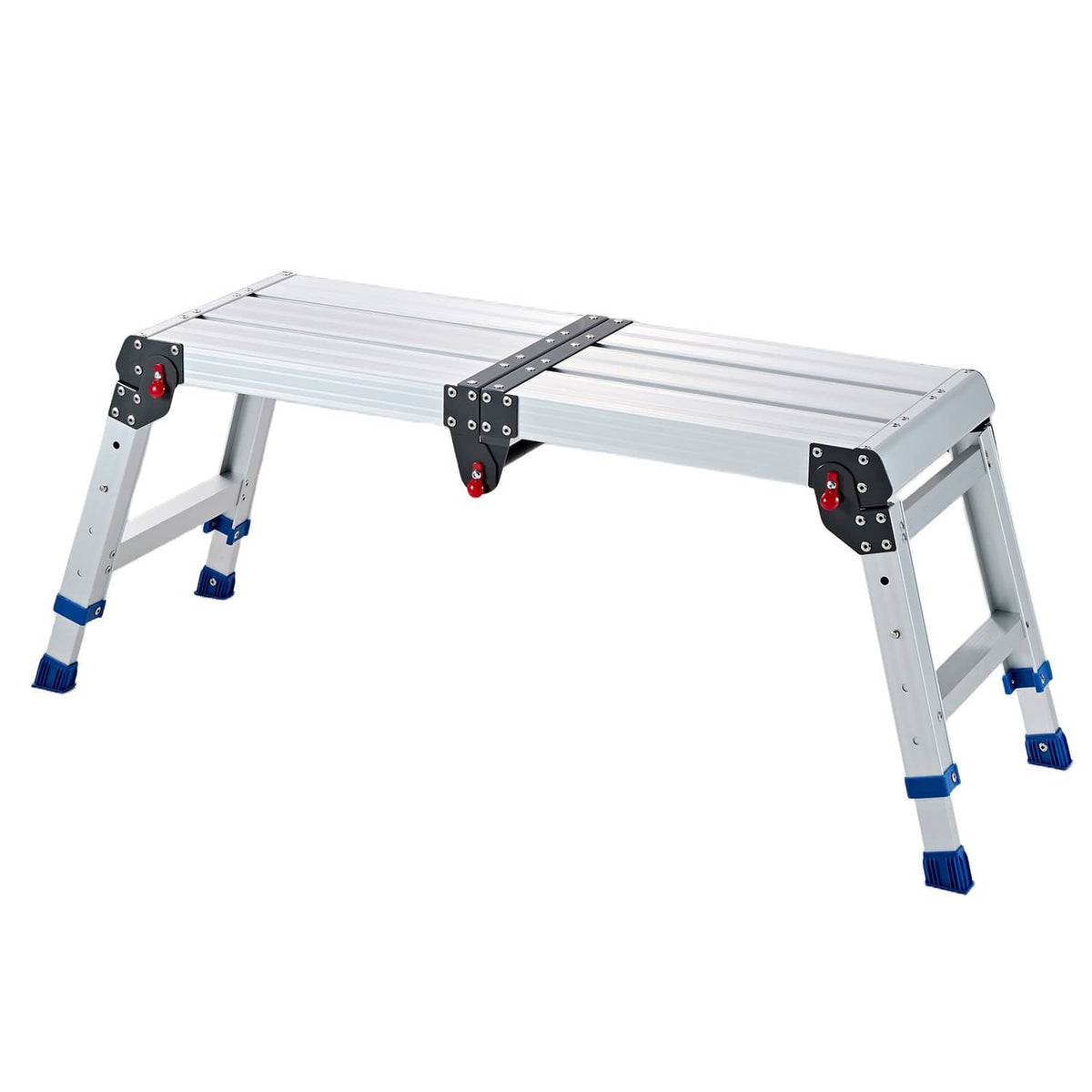 Side view of adjustable folding aluminum work platform with blue grip foot pads