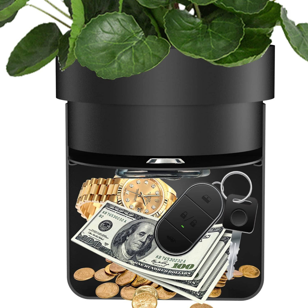 Black hidden planter safe with open compartment, showing cash, watch, and coins.