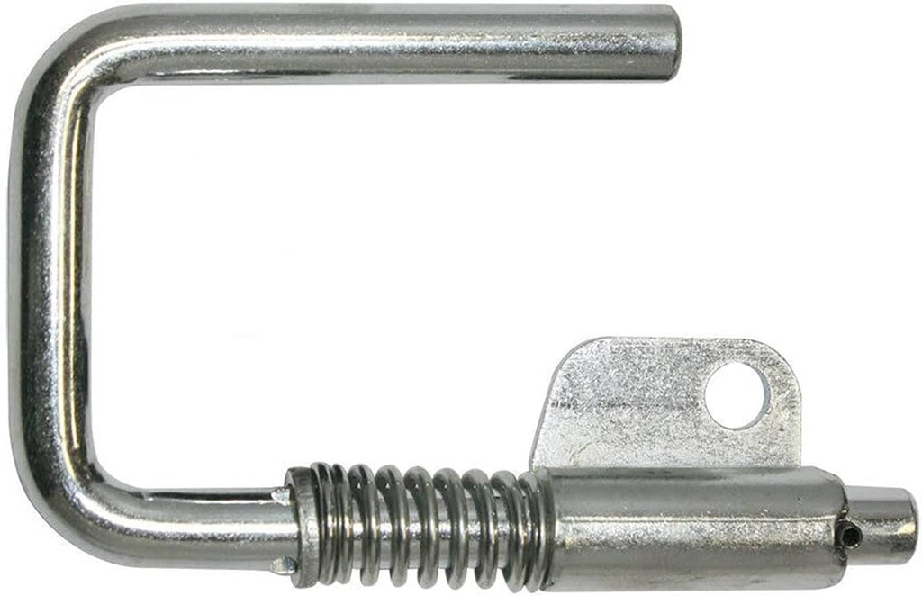 Spring-loaded nail gun hanger with curved metal hook, coil spring, and latch plate