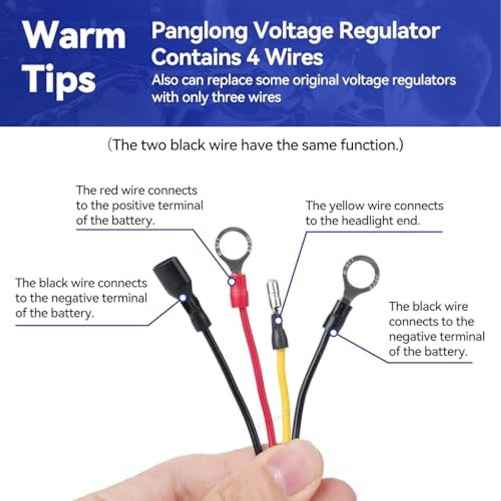 Voltage regulator wiring harness with three colored leads, ring terminals, and clips