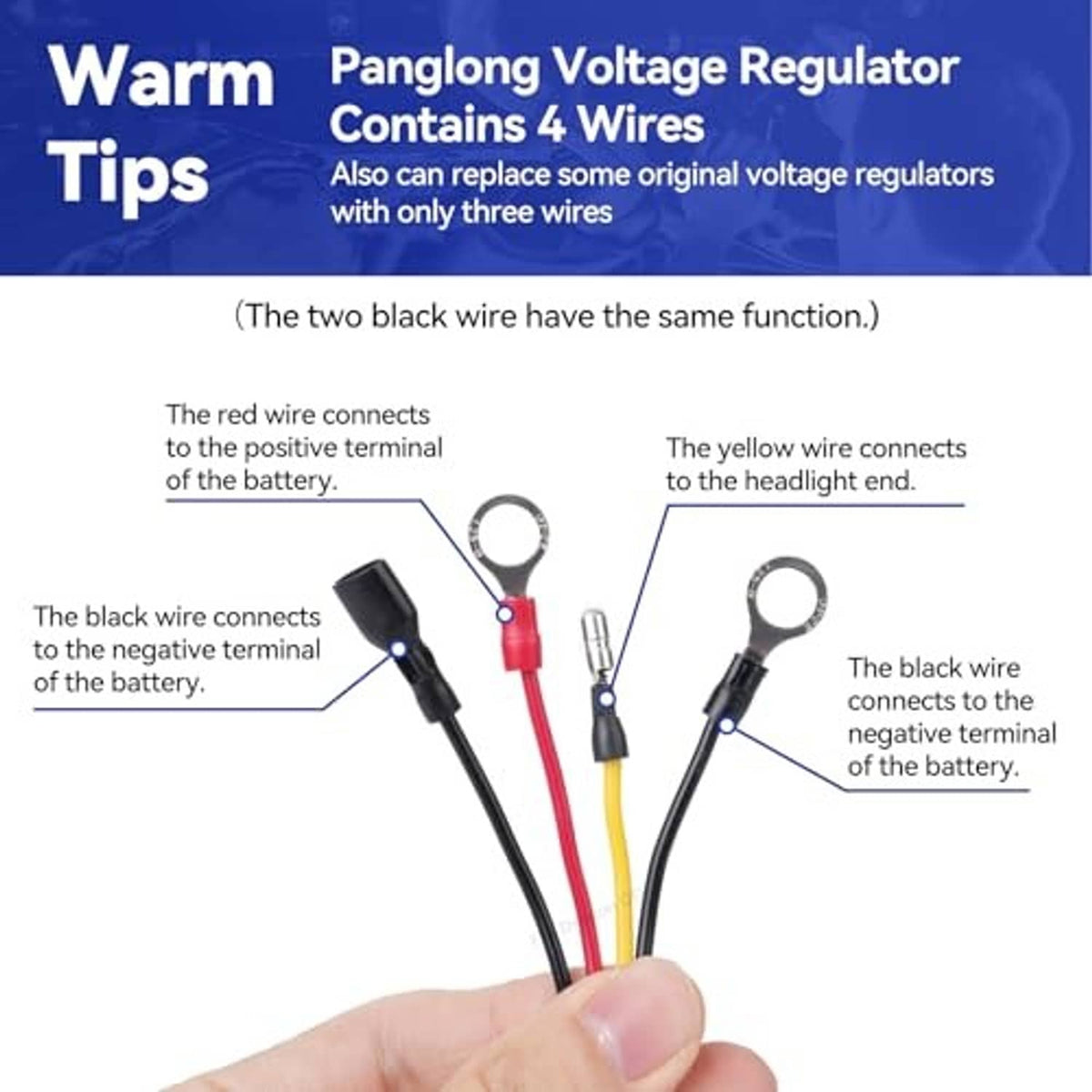 Voltage regulator wiring harness with three colored leads, ring terminals, and clips