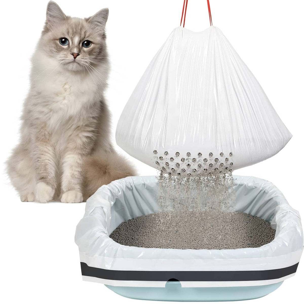 Thick white sifting cat litter liner bag with drawstring and perforated filter base