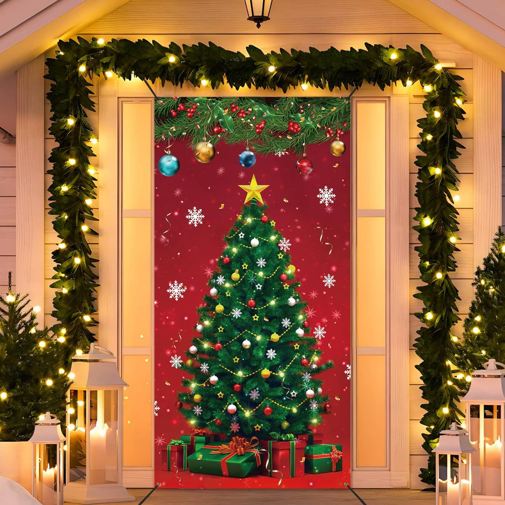 Red Christmas door cover featuring a green tree with glowing lights, ornaments, and star